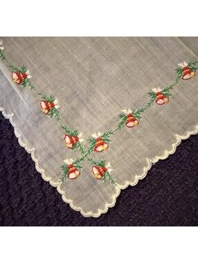 Christmas Bells Embroidered Handkerchief Scalloped Edge